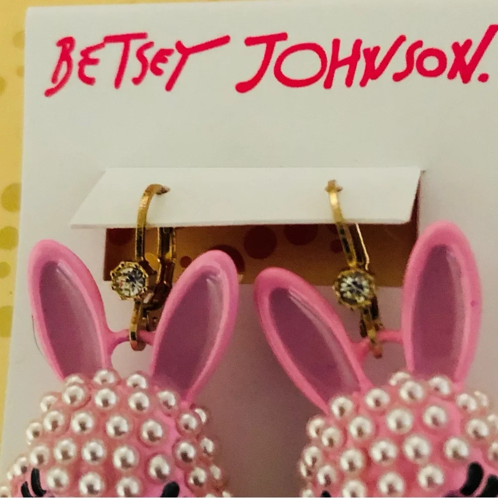 Authentic Betsey Johnson Earrings, Pink Enamel Bunny Pearl Beaded Rhinestone NWT